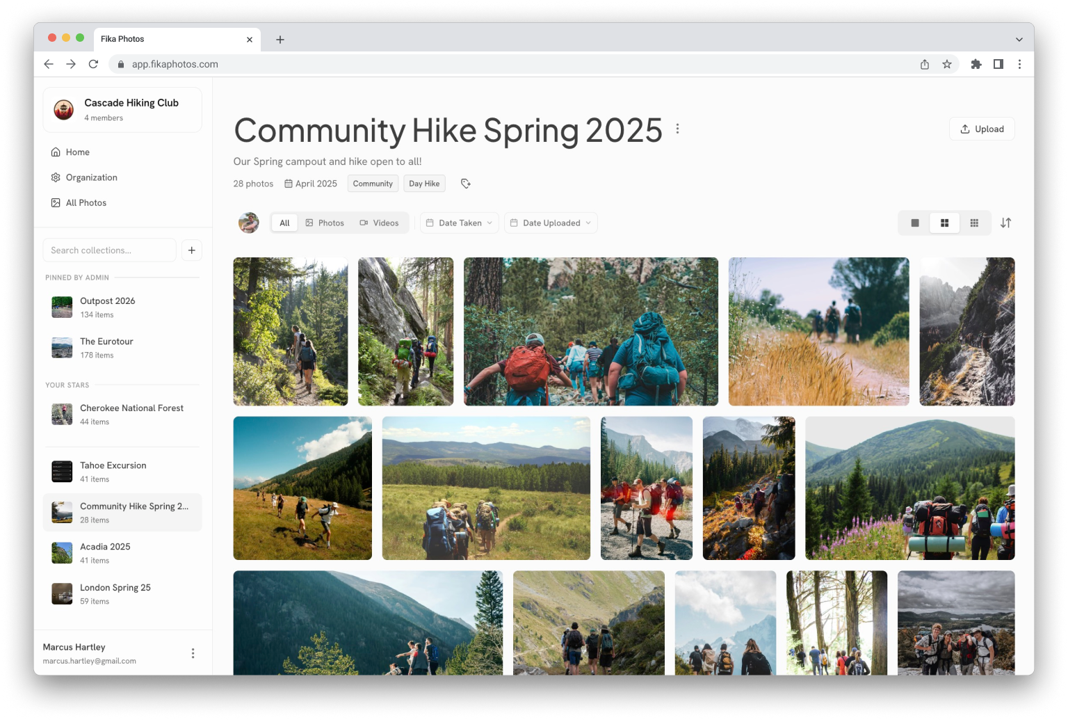 A collection in the Fika web app, showing a grid of photos and a sidebar with collection details