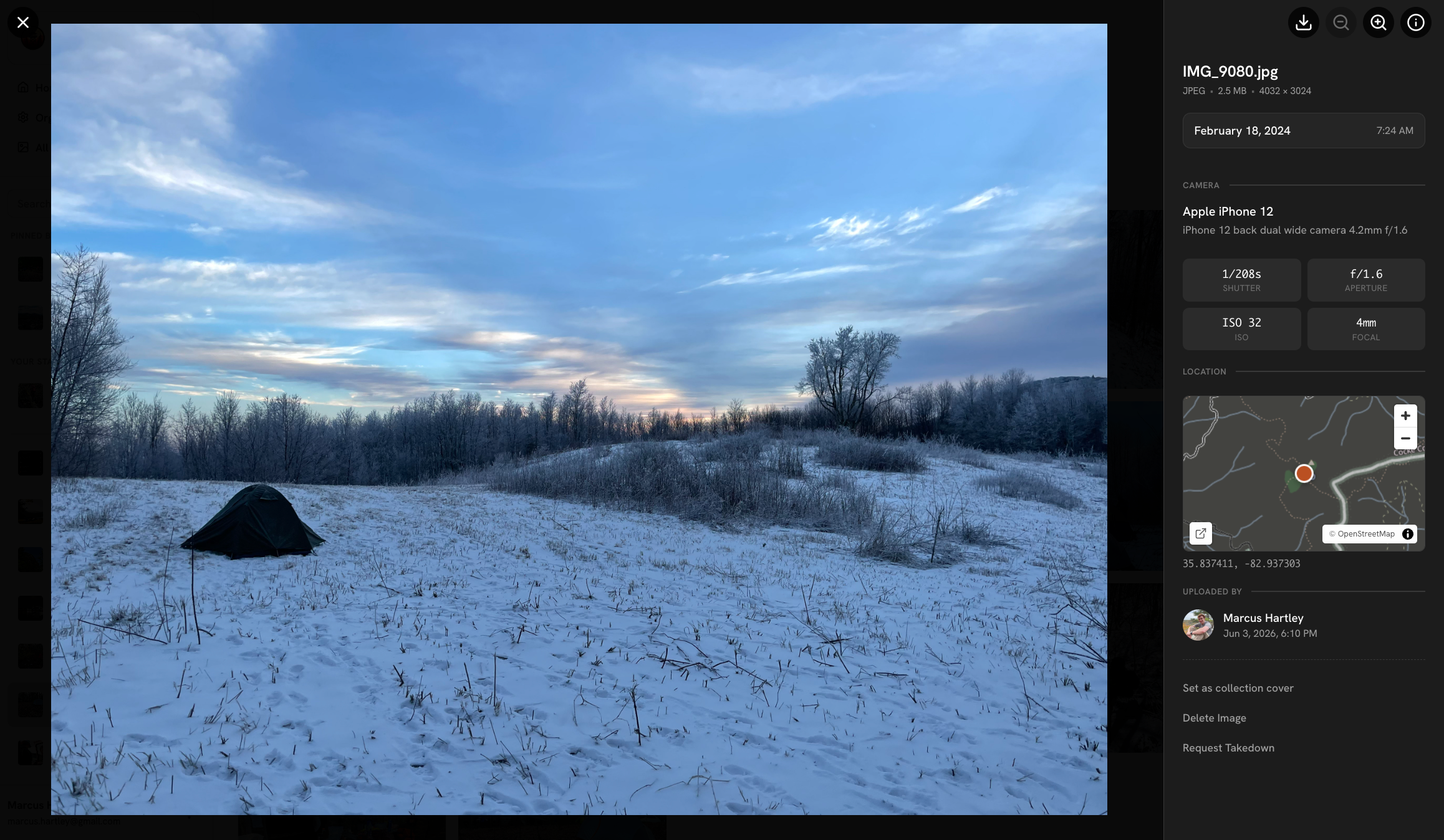 The photo viewer in the Fika web app, with the details sidebar open showing camera info and the location map