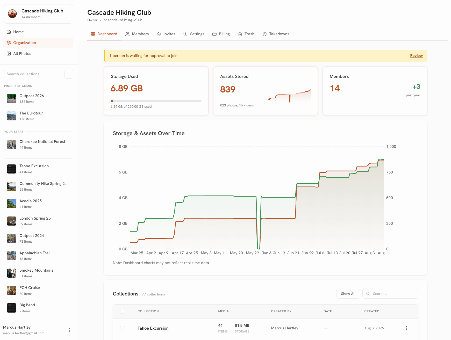 The organization dashboard in the Fika web app, with usage charts and the storage meter